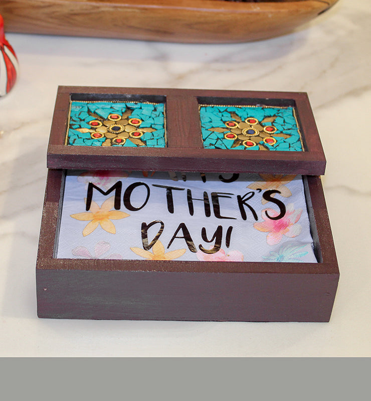 Wooden Napkin Holder with Turquoise Stone Mosaic - Little Elephant